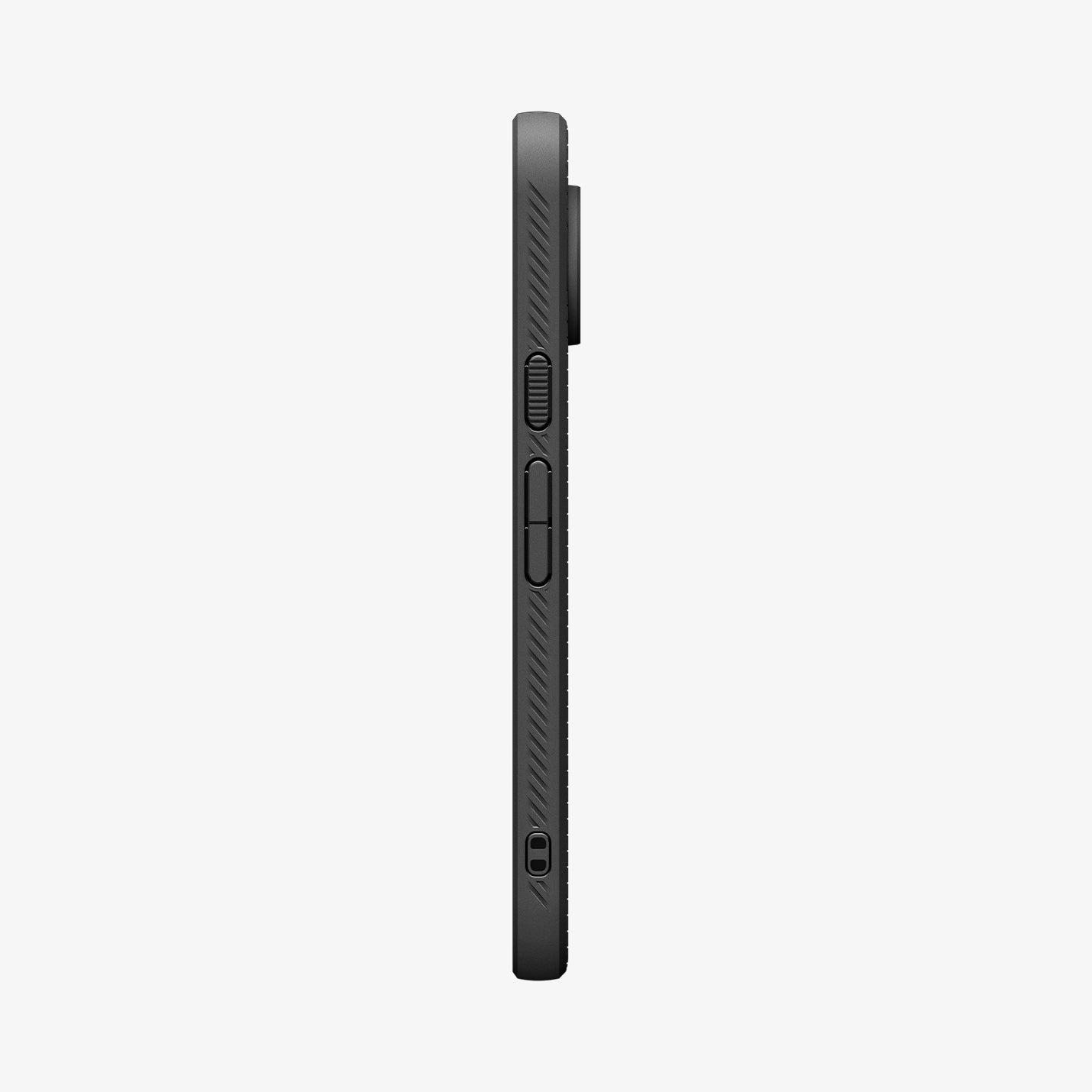 ACS11428 - Pixel 11 Pro  Liquid Air Matte Black side profile showing textured side grips, responsive button covers, and integrated strap hole.
