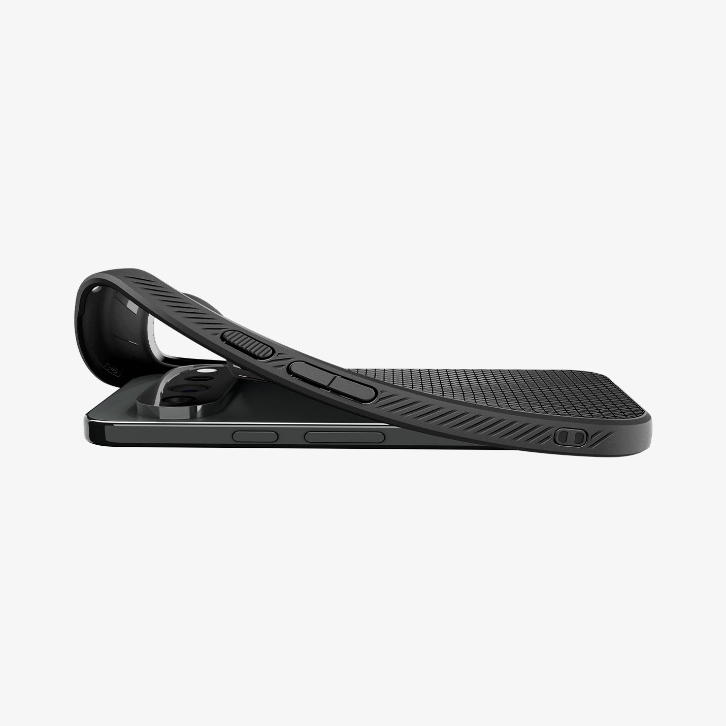 ACS11428 - Pixel 11 Pro  Liquid Air Matte Black flexible TPU case shown during installation on a Google Pixel device.
