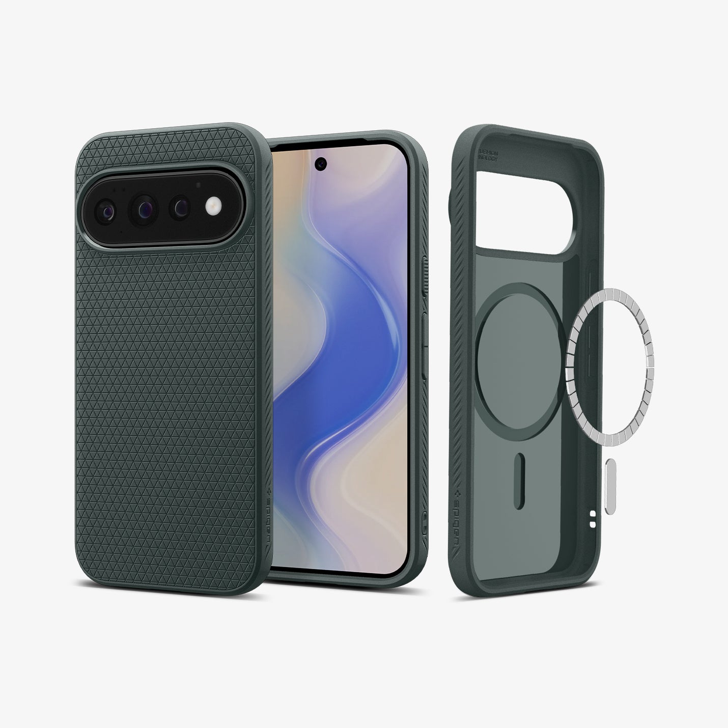 ACS11858 - Pixel 11 Pro  Liquid Air (Mag Fit) Abyss Green front and back angled views showing the geometric textured pattern, built in magnetic ring, and Air Cushion Technology.