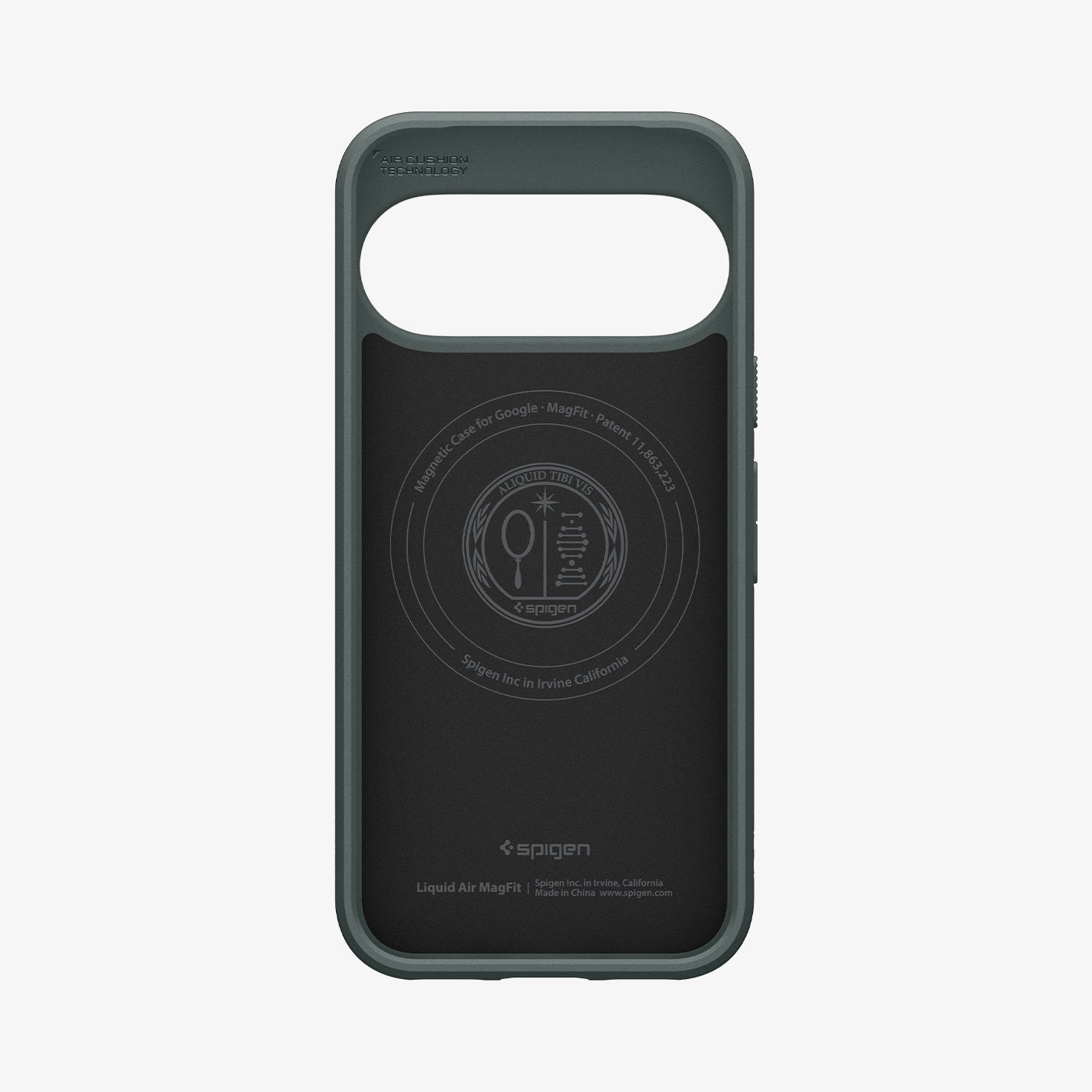 ACS11858 - Pixel 11 Pro  Liquid Air (Mag Fit) Abyss Green interior view showing the built in magnetic ring, Air Cushion Technology, and Liquid Air MagFit branding.