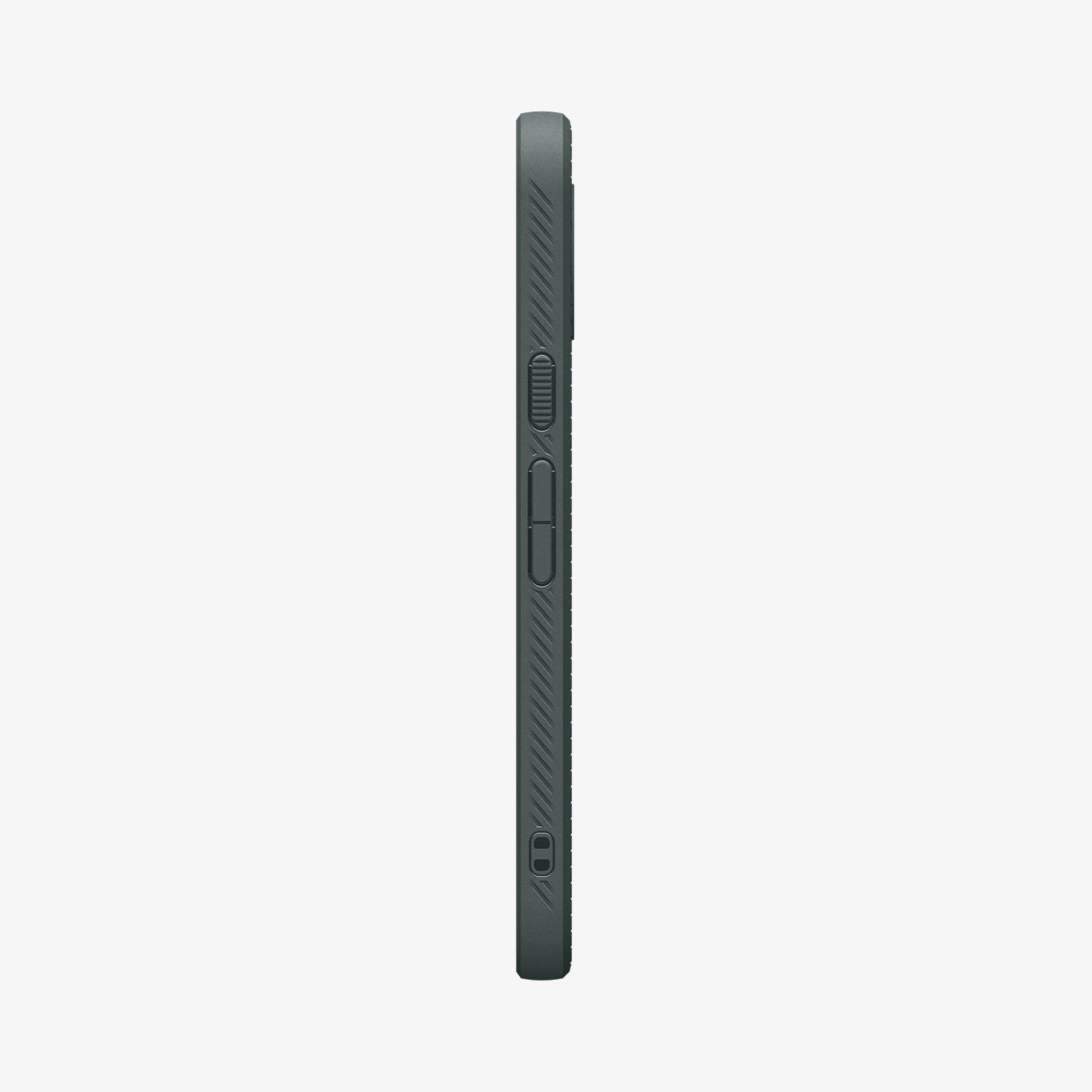ACS11858 - Pixel 11 Pro  Liquid Air (Mag Fit) Abyss Green side profile showing textured side grips, responsive button covers, and integrated strap hole.