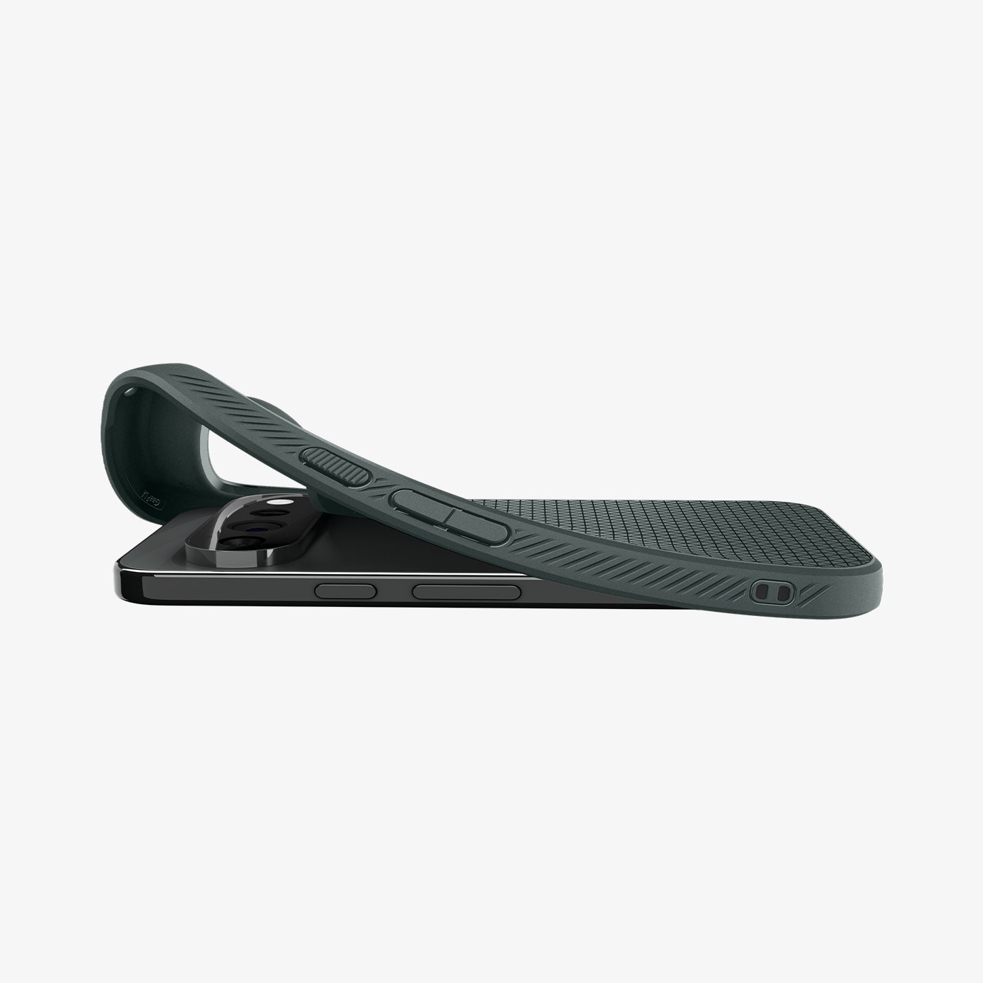 ACS11858 - Pixel 11 Pro  Liquid Air (Mag Fit) Abyss Green case shown during installation on a Google Pixel device, demonstrating the flexible TPU construction.