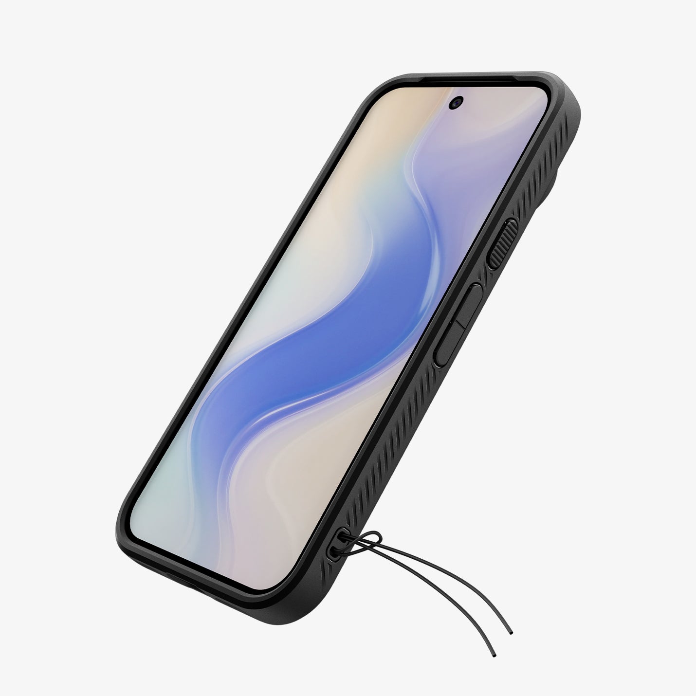 ACS11448 - Pixel 11 Pro XL Matte Black angled front view highlighting the slim profile, responsive button covers, and integrated strap hole.
