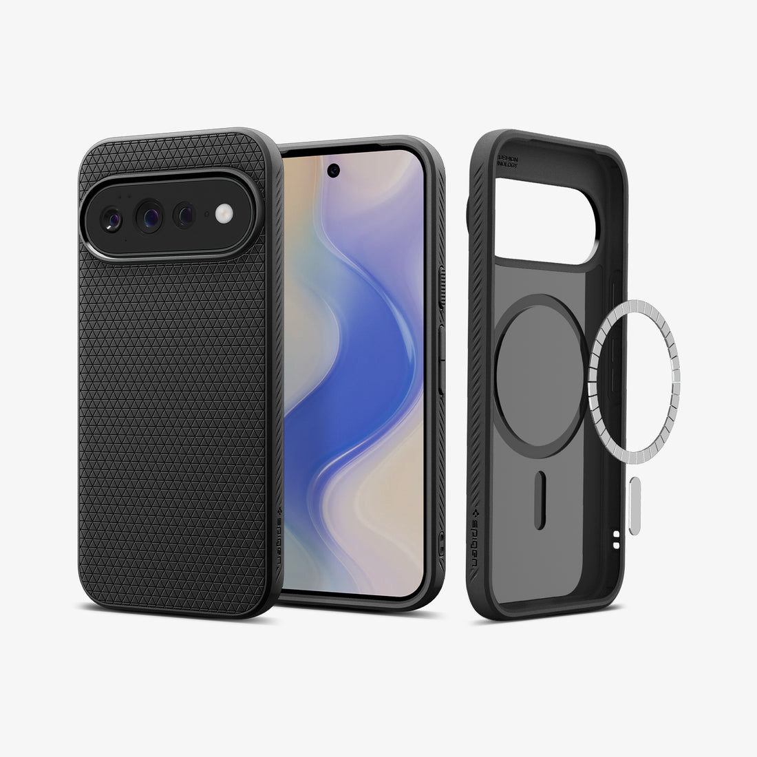 ACS11449 - Pixel 11 Pro XL Liquid Air (Mag Fit) Matte Black front and back angled views showing the geometric textured pattern, built in magnetic ring, and Air Cushion Technology.