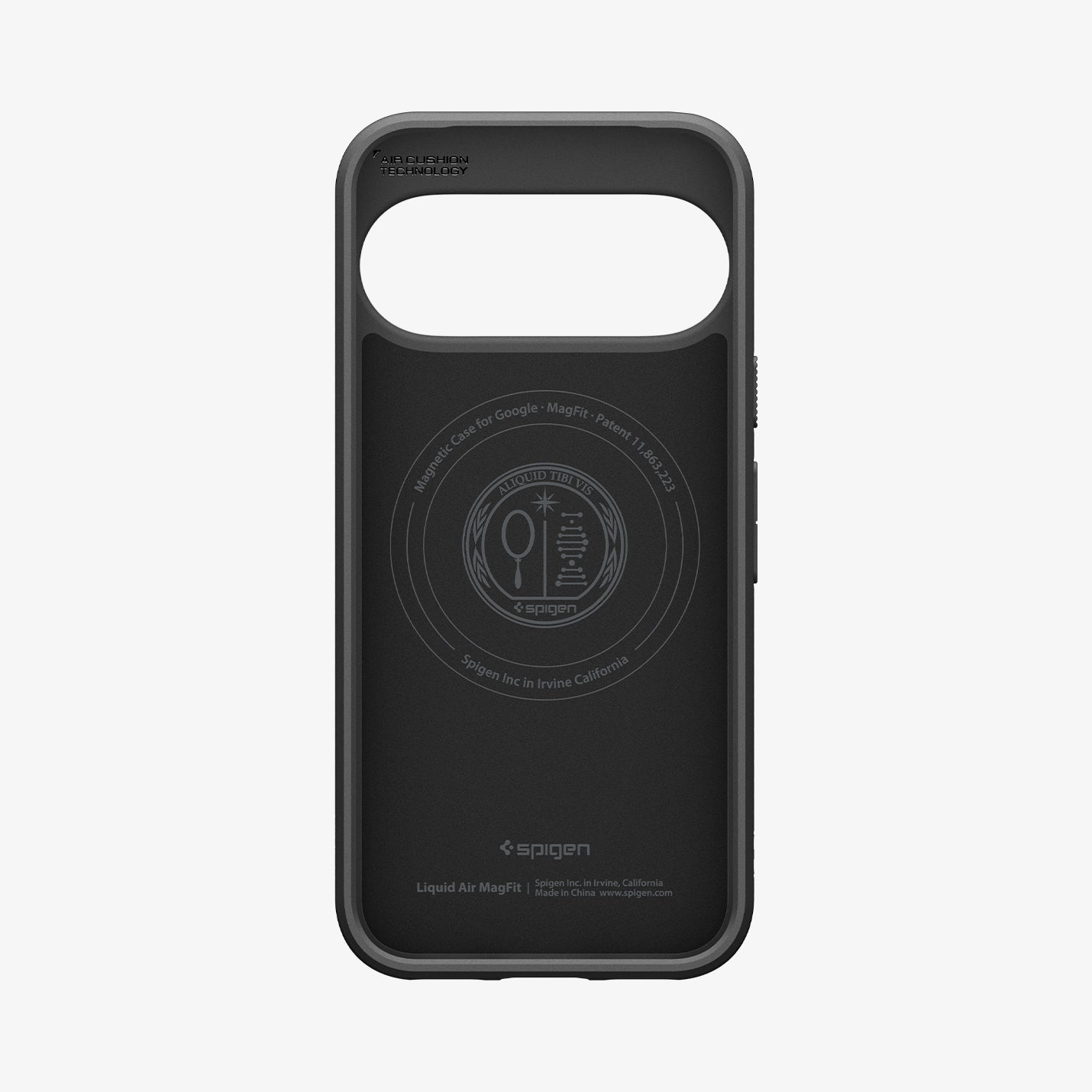 ACS11449 - Pixel 11 Pro XL Liquid Air (Mag Fit) Matte Black interior view showing the built in magnetic ring, Air Cushion Technology, and Liquid Air MagFit branding.
