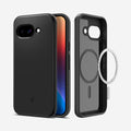 ACS09037 - Pixel 9a Case Thin Fit (MagFit) in Black showing the back, inner with magring hovering in front of the case, partial front and sides