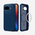 ACS09038 - Pixel 9a Case Thin Fit (MagFit) in Navy Blue showing the back, inner with magring hovering in front of the case, partial front and sides