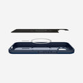 ACS09038 - Pixel 9a Case Thin Fit (MagFit) in Navy Blue showing the partial inner layer detached, while hovering above the detached magring and the case