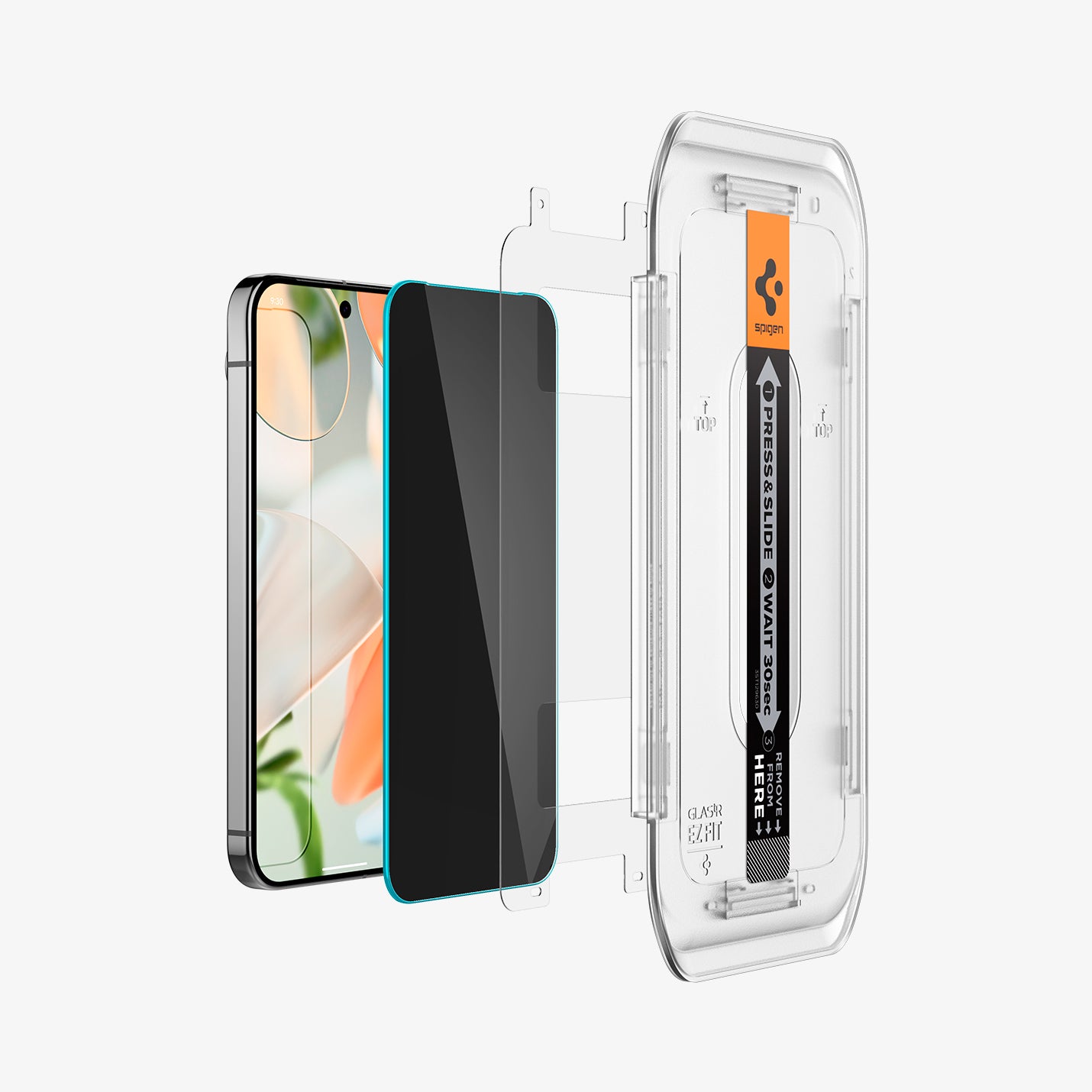 AGL09312 - Pixel 9 Pro GLAS.tR EZ Fit Privacy in Privacy showing the 
front of alignment tray, aligning with the film strip, screen protector and the device