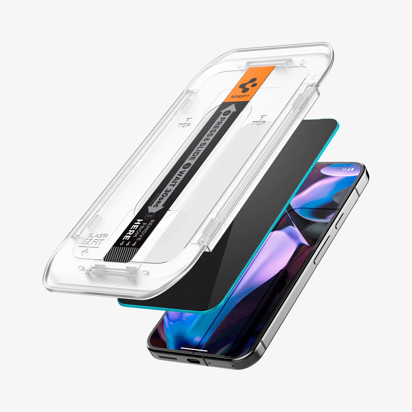 AGL09312 - Pixel 9 Pro GLAS.tR EZ Fit Privacy in Privacy showing the 
front of alignment tray hovering in front of the screen protector and the device