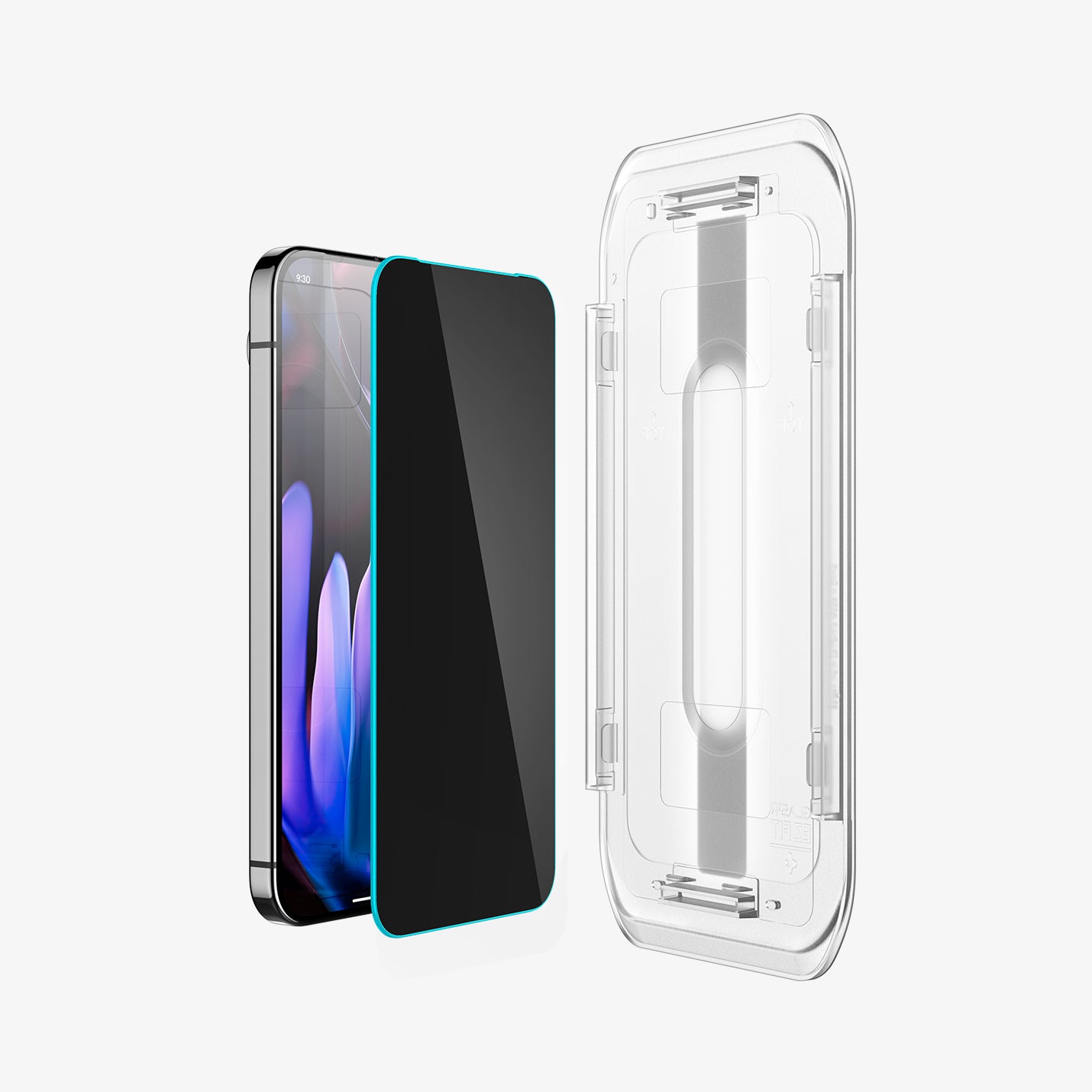 AGL09312 - Pixel 10 / Pixel 10 Pro GLAS.tR EZ Fit Privacy Screen Protector showing the screen protector and ez fit tray hovering in front of the device
