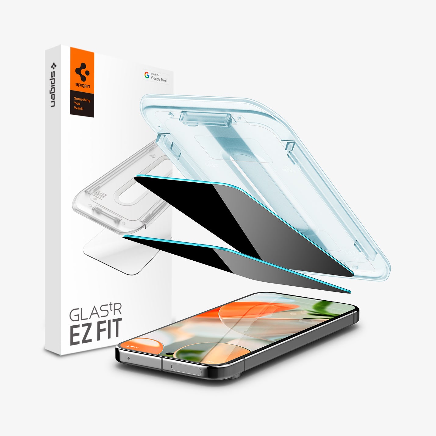 AGL093122  - Pixel 9 Pro GLAS.tR EZ Fit Privacy in Privacy showing the 
screen protector and the device with the packaging beside it