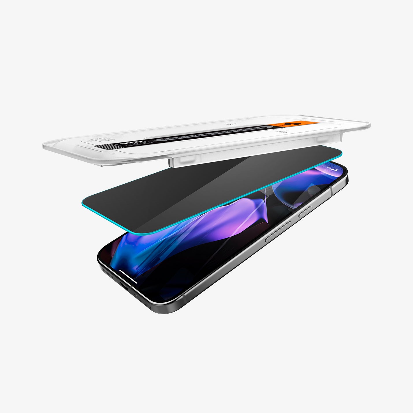 AGL09312 - Pixel 9 Pro GLAS.tR EZ Fit Privacy in Privacy showing the 
hovering above the screen protector and the device