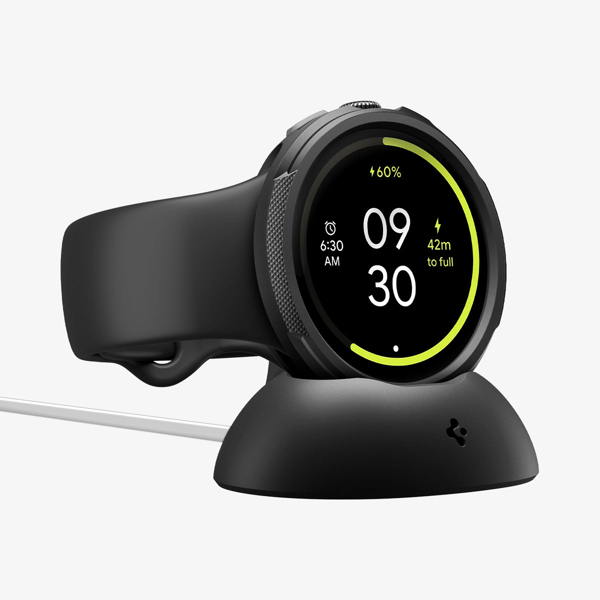 ACS11222 - Pixel Watch 5 (45mm) Liquid Air Matte Black showing the front and side with watch on charger