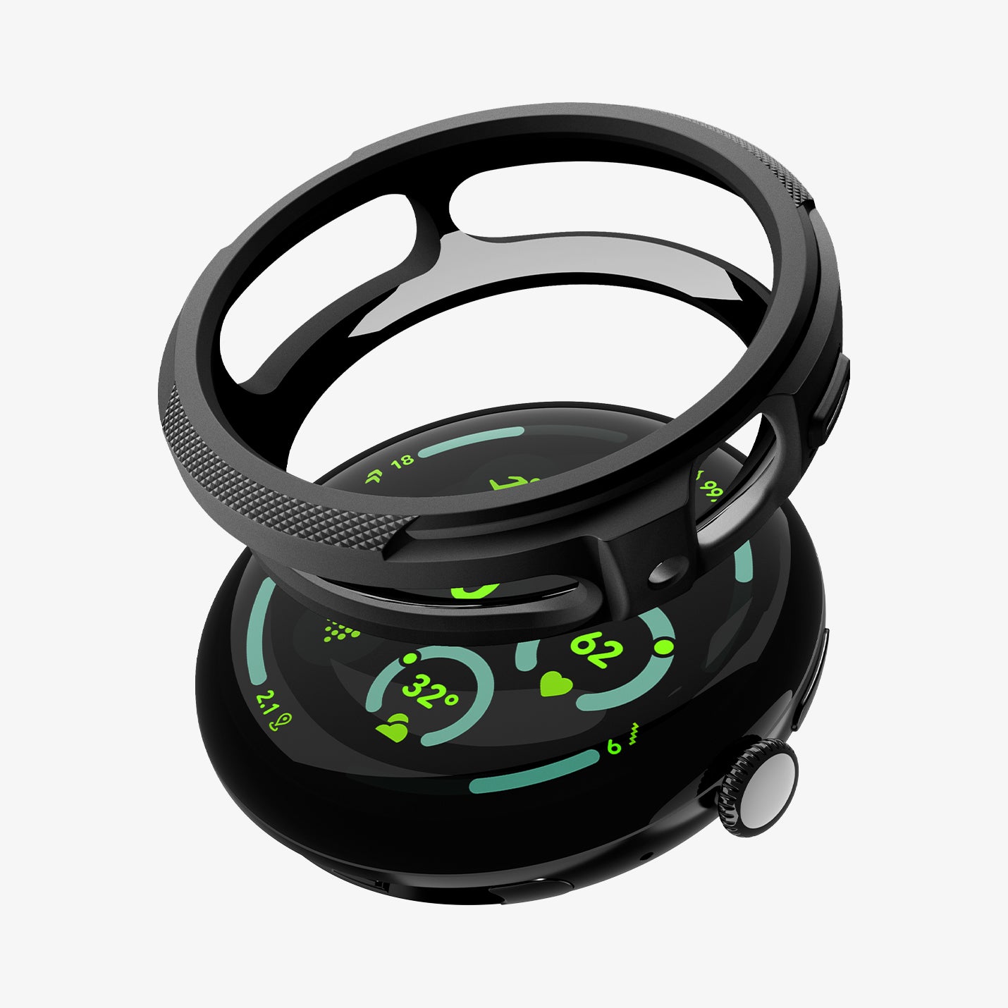 ACS09483 - Pixel Watch 5 (41mm) Liquid Air Matte Black showing the case hovering above the watch face