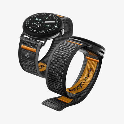 AMP11747 - Pixel Watch 5 (45mm) Athlex Air Active Black Orange angled views showcasing the lightweight woven construction and flexible fit.