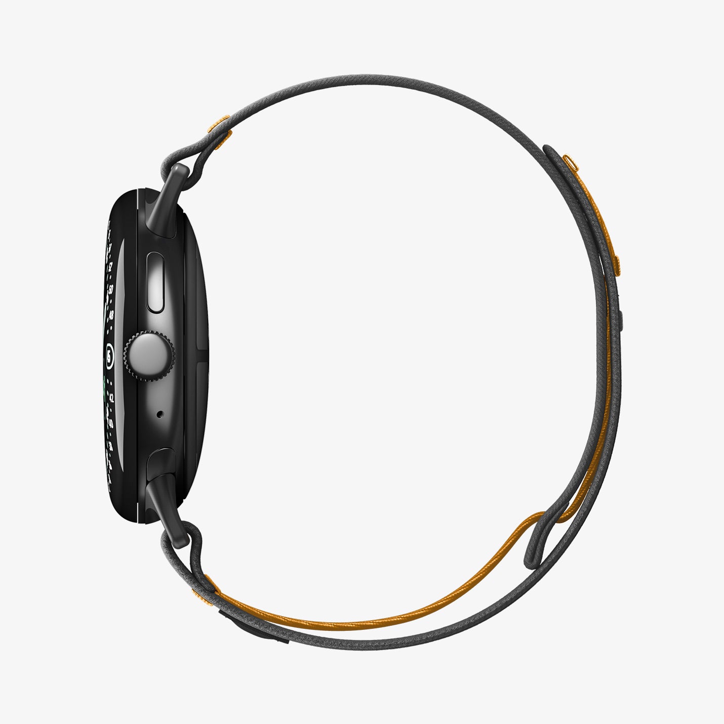 AMP11747 - Pixel Watch 5 (45mm) Athlex Air Active Black Orange side profile illustrating the slim and low-profile design.
