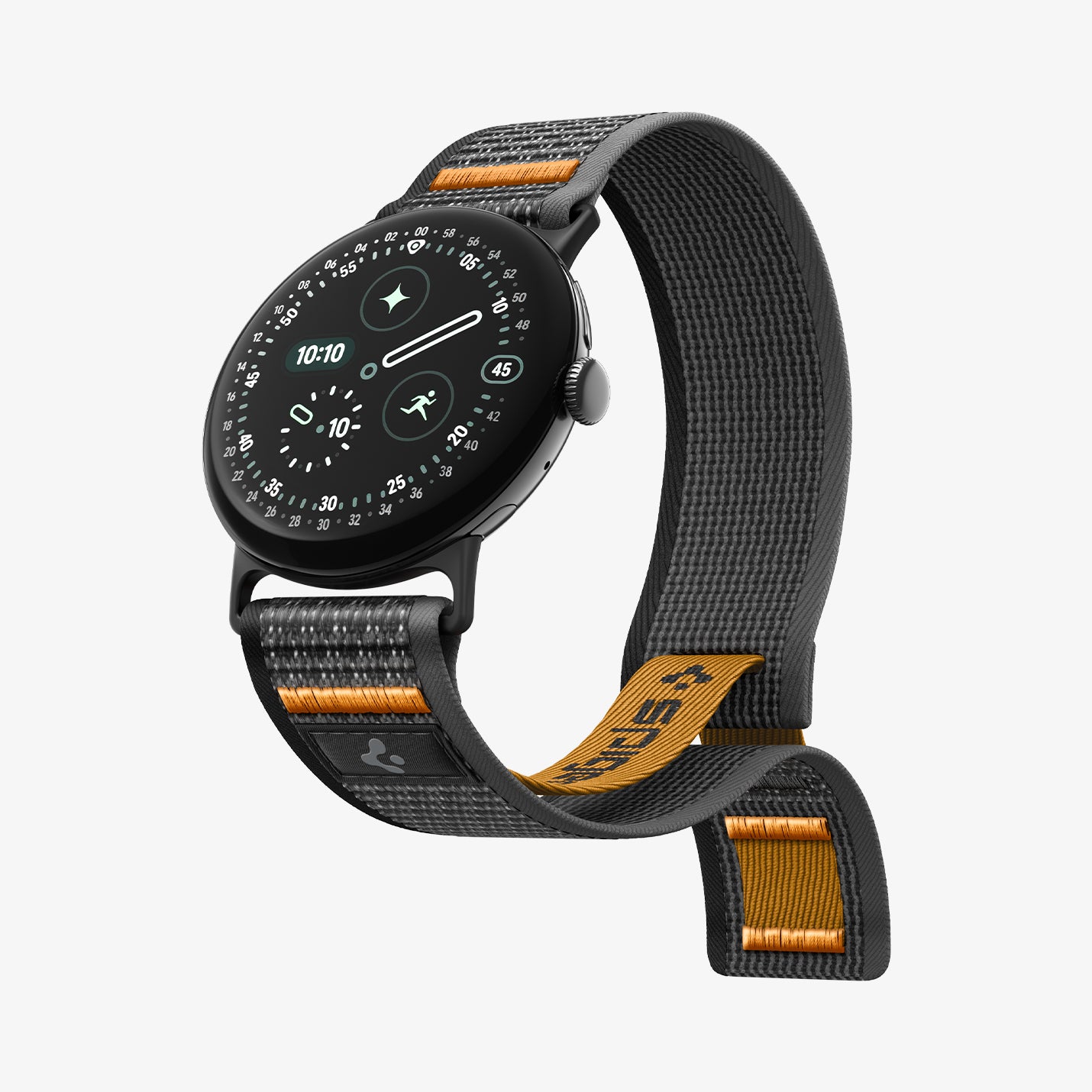 AMP11747 - Pixel Watch 5 (45mm) Athlex Air Active Black Orange three-quarter view highlighting the seamless fit and premium woven texture.
