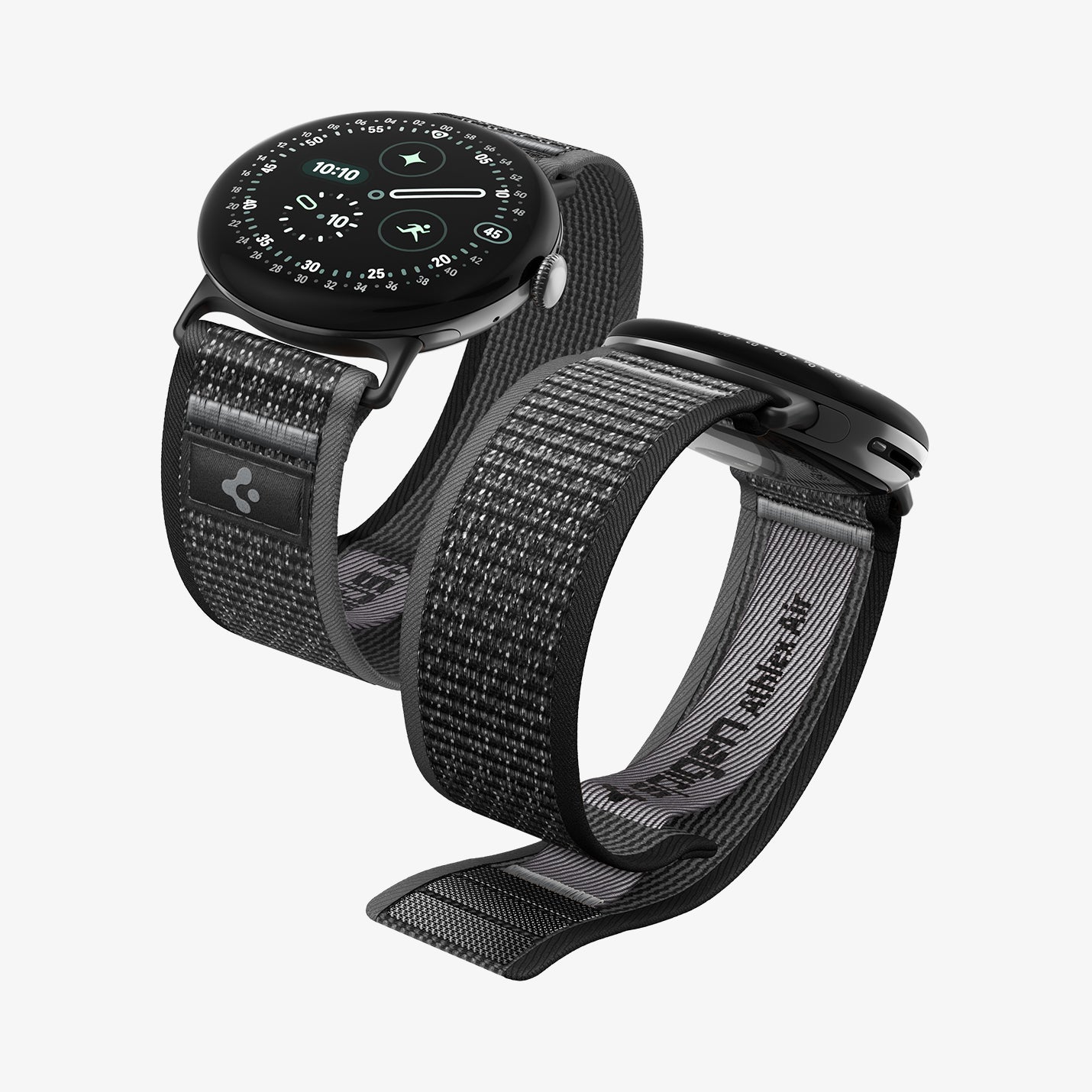 AMP11749 - Pixel Watch 5 (45mm) Athlex Air Active Black Gray angled views showcasing the lightweight woven construction and flexible fit.