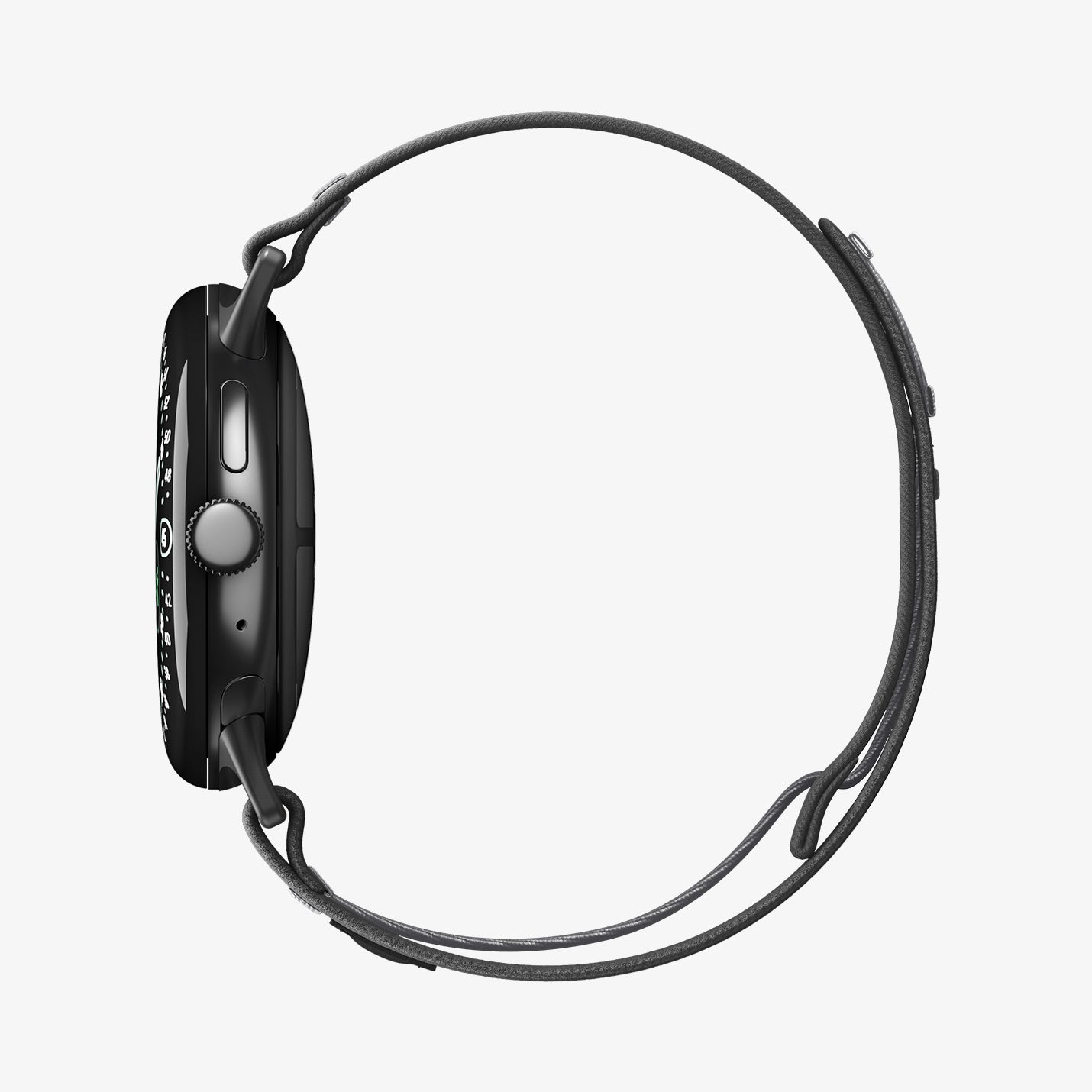 AMP11749 - Pixel Watch 5 (45mm) Athlex Air Active Black Gray side profile illustrating the slim and low-profile design.