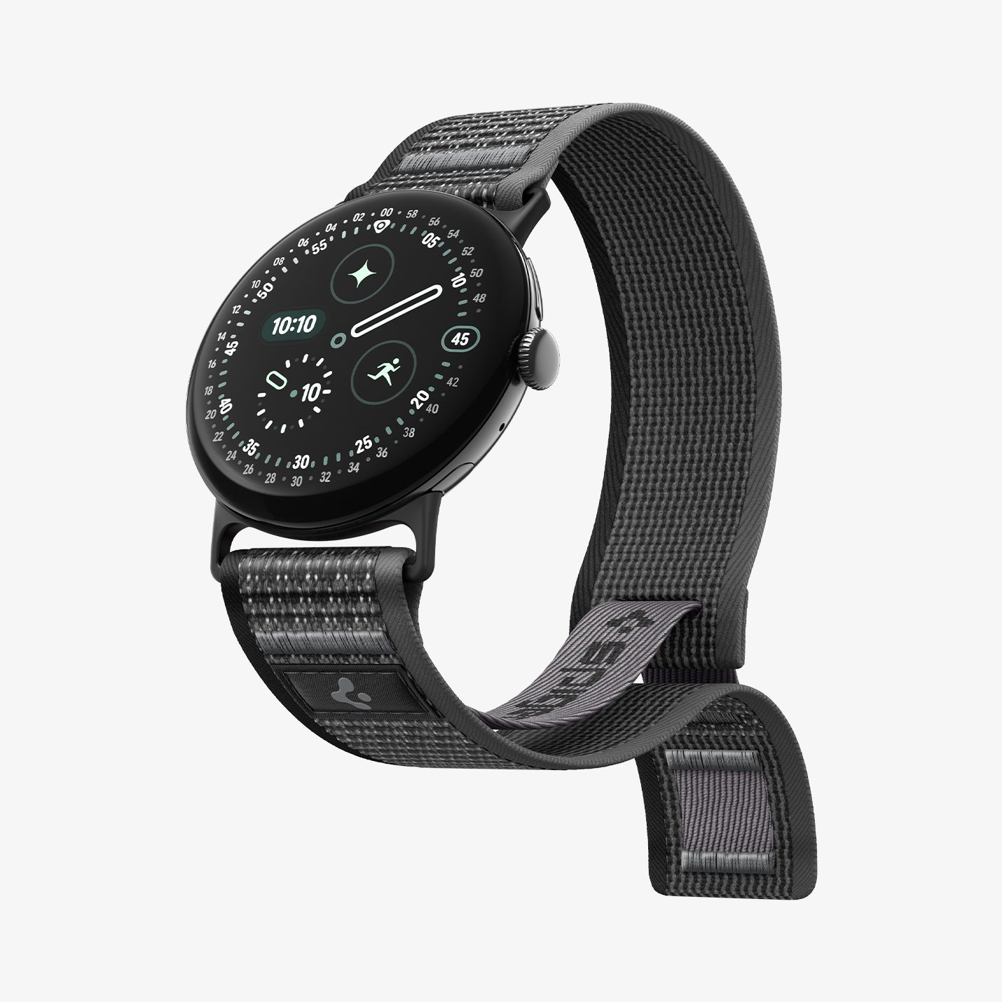 AMP11749 - Pixel Watch 5 (45mm) Athlex Air Active Black Gray three-quarter view highlighting the seamless fit and premium woven texture.