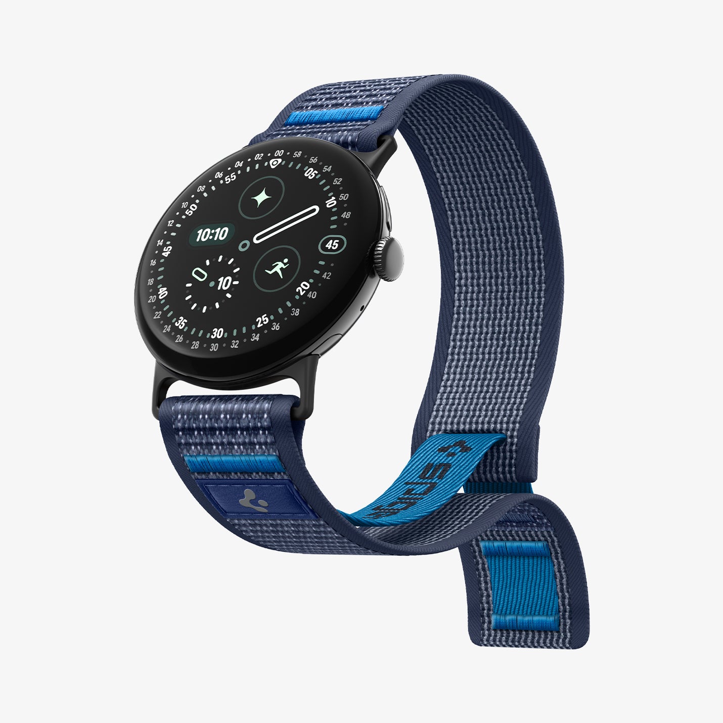 AMP11748 - Pixel Watch 5 (45mm)  Athlex Air Active Navy Blue three-quarter view highlighting the seamless fit and premium woven texture.