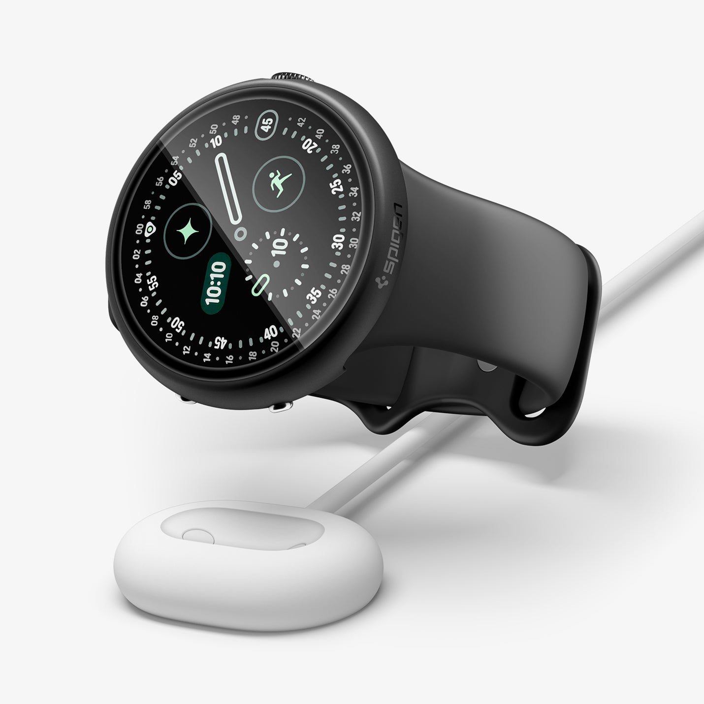ACS11746 - Pixel Watch 5 (45mm) Thin Fit 360 Black angled view highlighting the seamless fit while supporting case-on wireless charging.