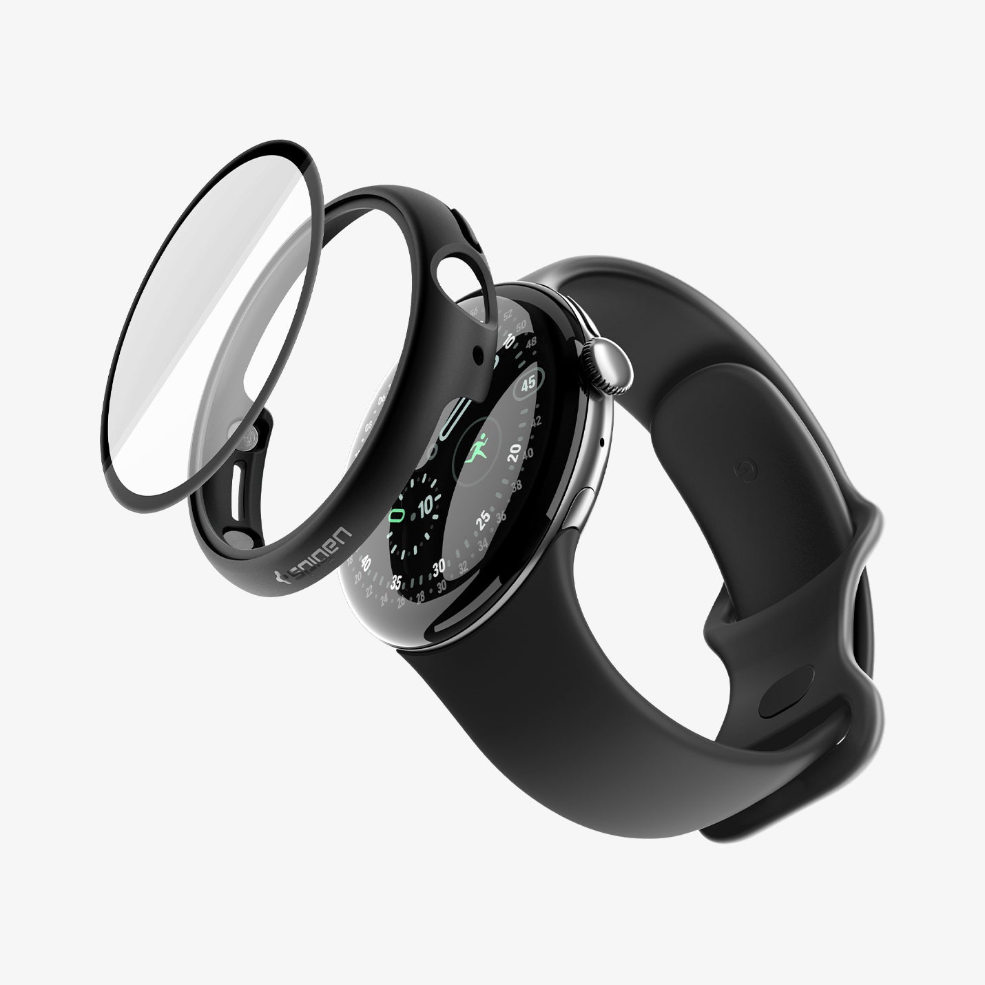 ACS11746 - Pixel Watch 5 (45mm) Thin Fit 360 Black exploded view displaying the integrated tempered glass and protective case construction.