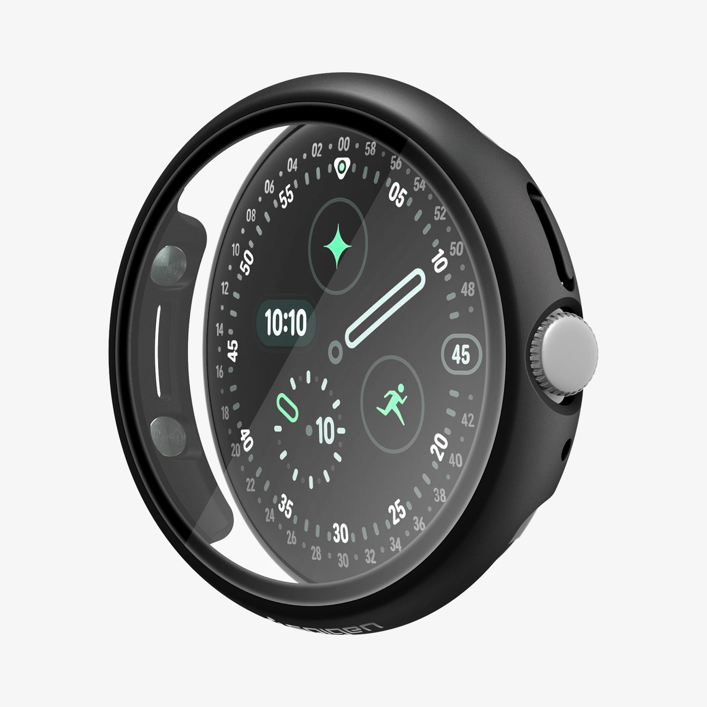 ACS11746 - Pixel Watch 5 (45mm) Thin Fit 360 Black front angled view highlighting the clear tempered glass with a slim and lightweight profile.
