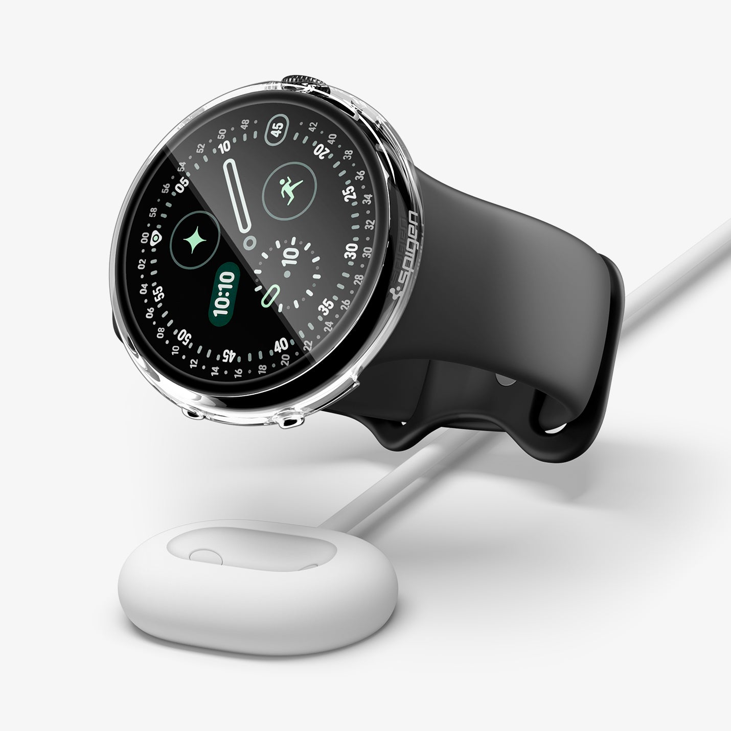 ACS11959 - Pixel Watch 5 (45mm) Thin Fit 360 Crystal Clear angled view highlighting the seamless fit while supporting case-on wireless charging.