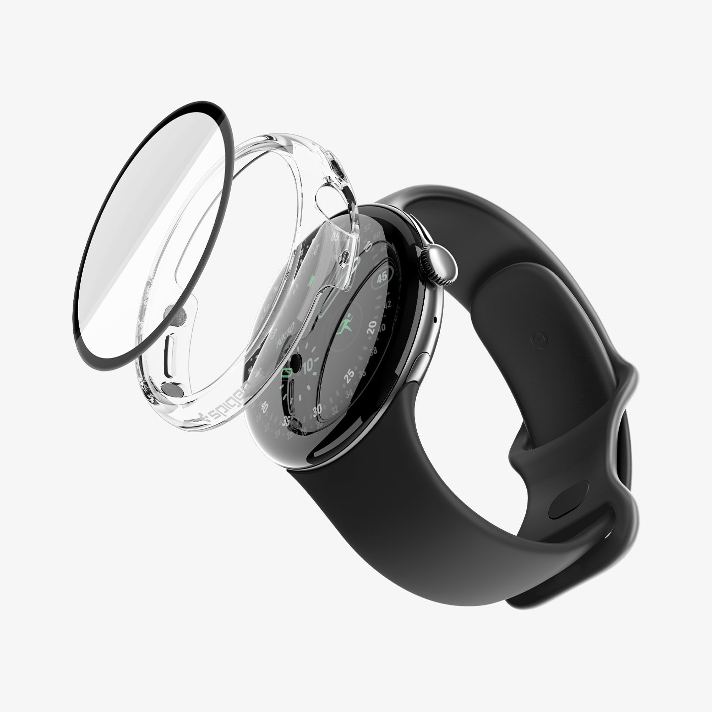 ACS11959 - Pixel Watch 5 (45mm) Thin Fit 360 Crystal Clear exploded view displaying the integrated tempered glass and protective case construction.