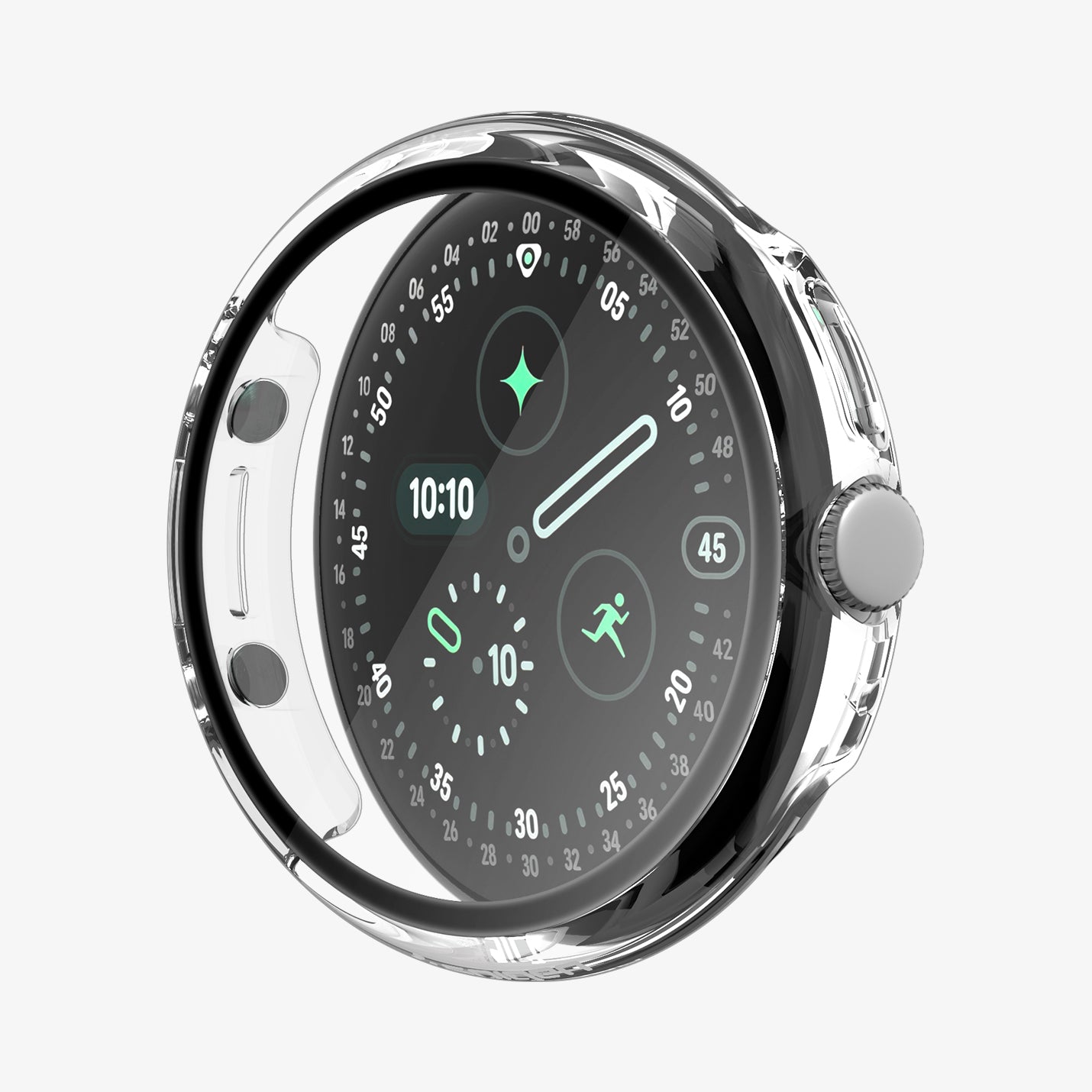 ACS11959 - Pixel Watch 5 (45mm) Thin Fit 360 Crystal Clear front angled view highlighting the clear tempered glass with a slim and lightweight profile.