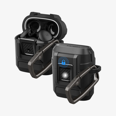 ACS09481 - Pixel Buds 2a Case Lock Fit in black showing the front and side for multiple earbuds with one top open