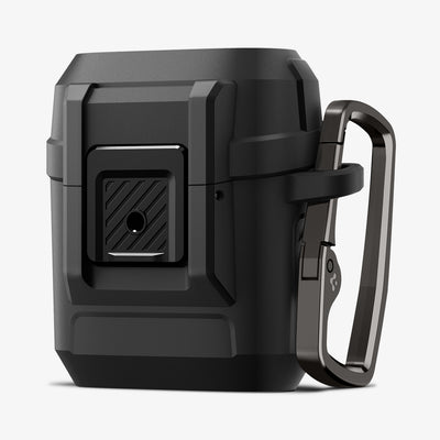 ACS09481 - Pixel Buds 2a Case Lock Fit in black showing the front and side with carabiner