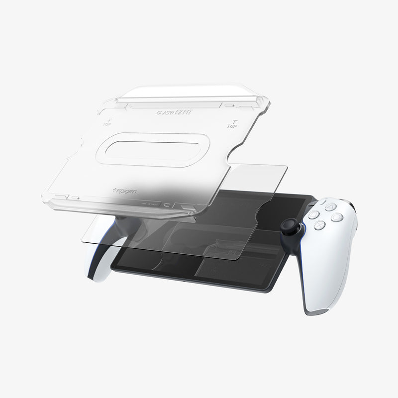 AGL07183 - Playstation Series GLAS.tR EZ Fit showing the installation tray front, hovering above the glass protector and device