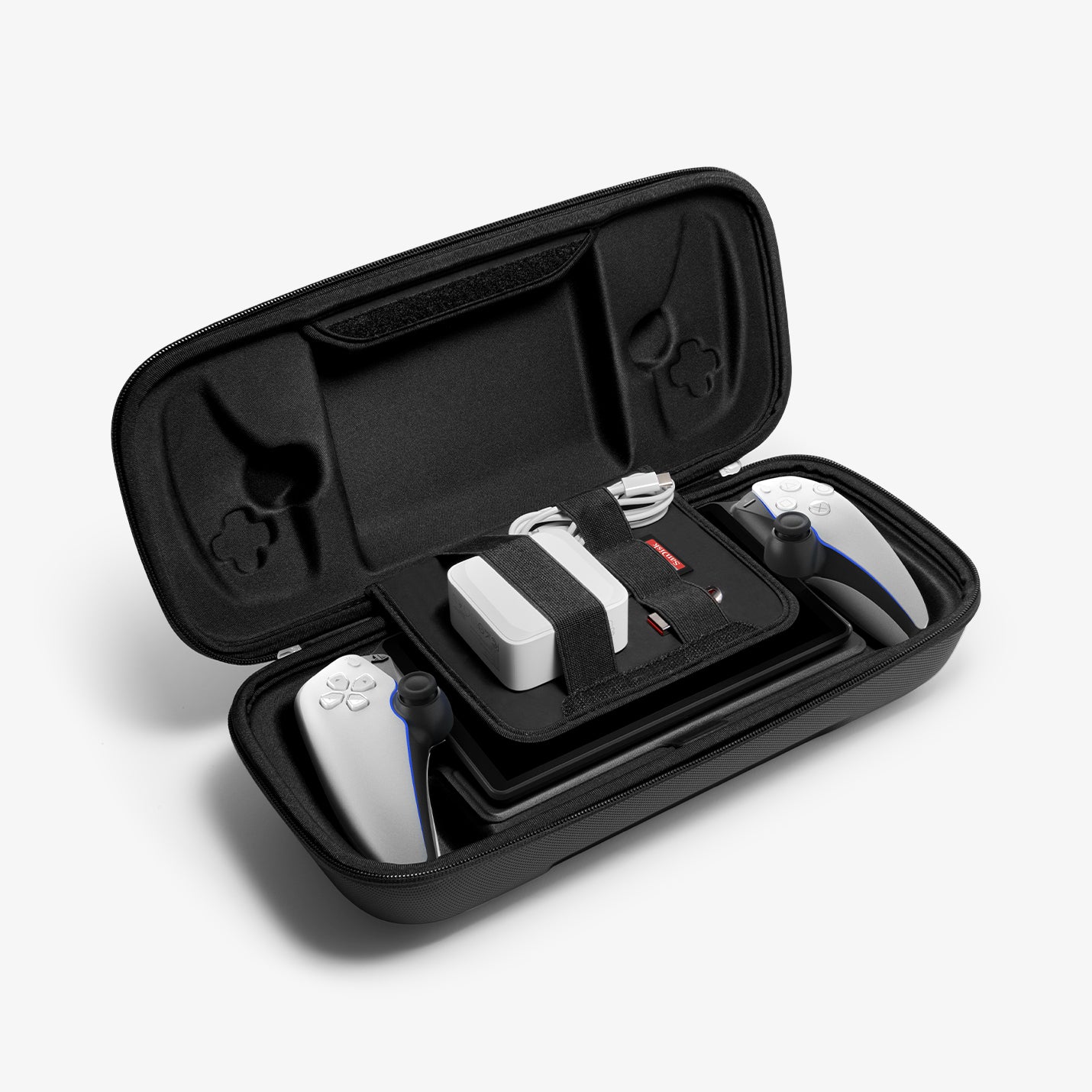 AFA07236 - PlayStation Portal Rugged Armor Pro Pouch in Black showing the inner and sides with multiple items inside