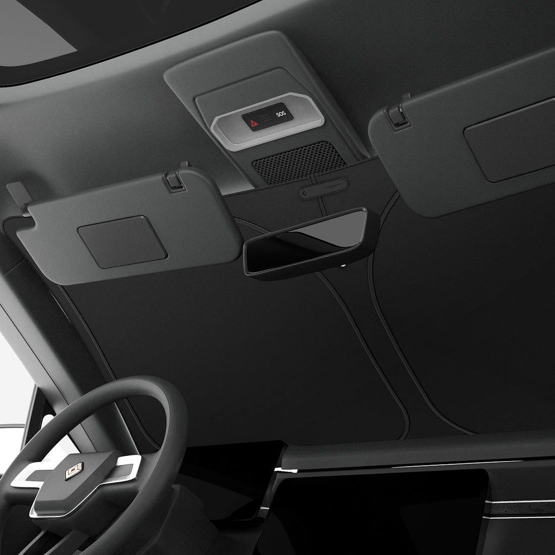 ACP09093 - R1S (2022-2025) Rivian CryoShade RO260 in Black showing the front the vehicle with installed shade inside