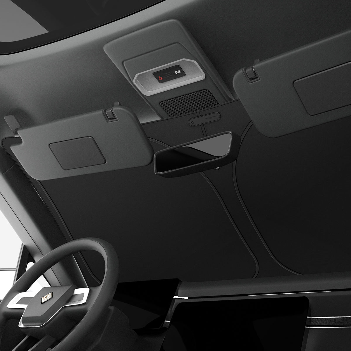 ACP09093 - R1S (2022-2025) Rivian CryoShade RO260 in Black showing the front of the vehicle installed with the sun protector