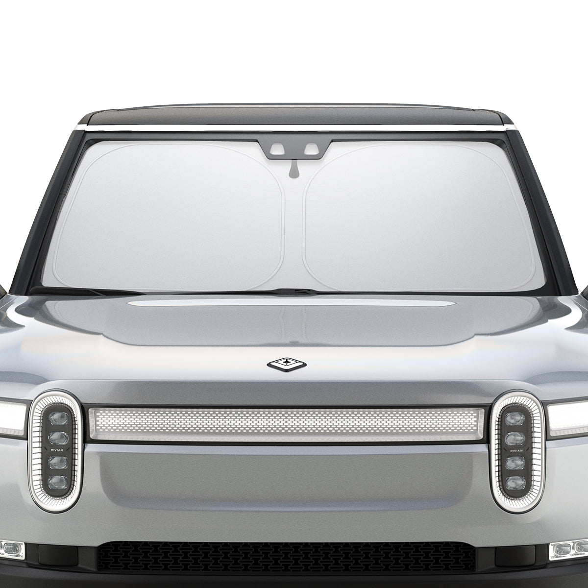 ACP09093 - R1S (2022-2025) Rivian CryoShade RO260 in Black showing the front of the vehicle with sun shade installed