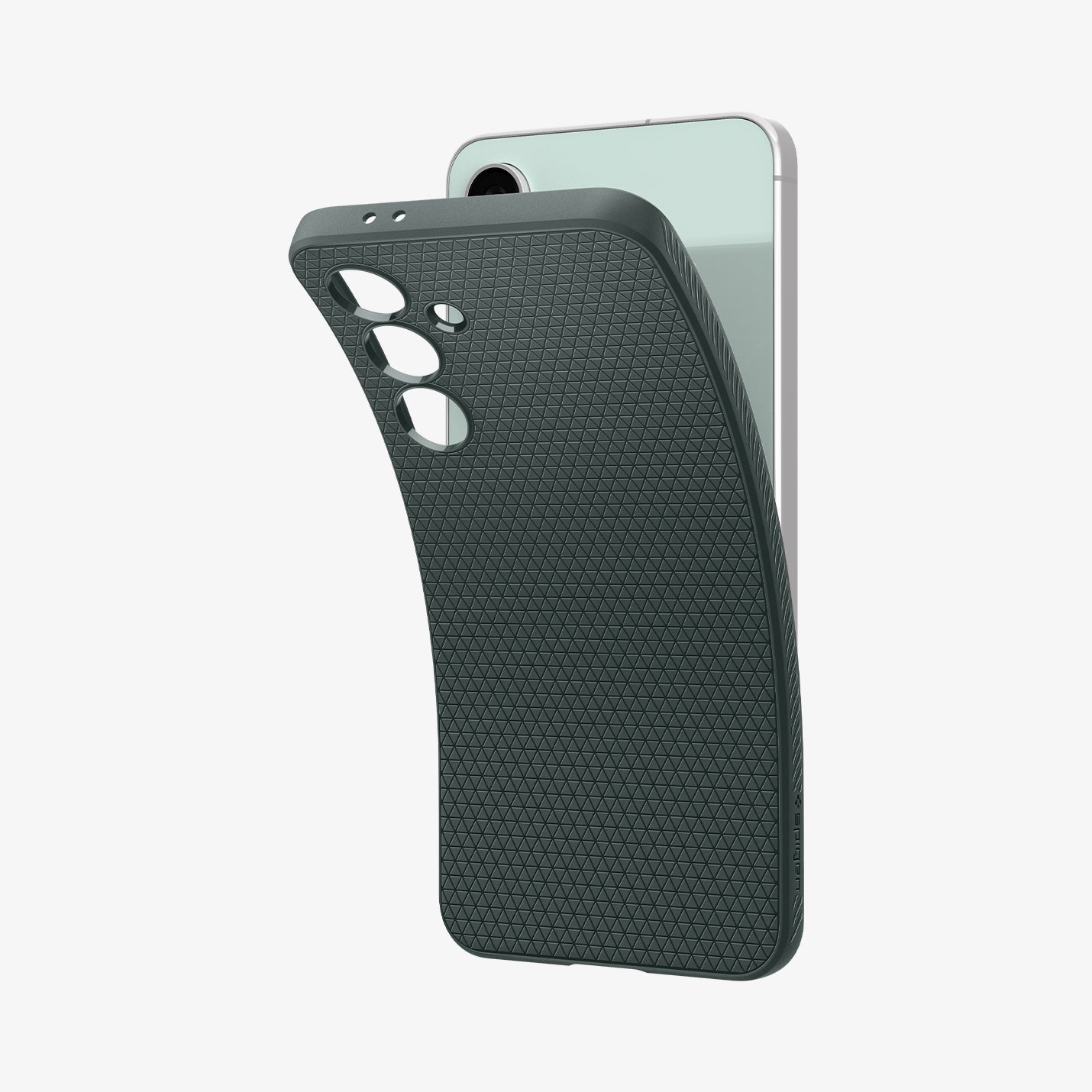 ACS08619 - Galaxy S24 FE Case Liquid Air in Abyss Green showing the back, casing partially peeled off from the device