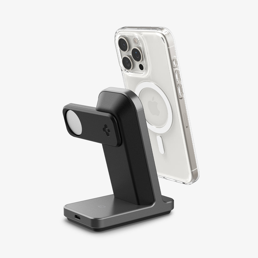 AMP06527 - Apple 3-in-1 Stand S318W in Gunmetal showing the front with devices attached to it