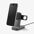 AMP06527 - Apple 3-in-1 Stand S318W in Gunmetal showing the front of a device attached to 3-in-1  stand and a charger cable attached