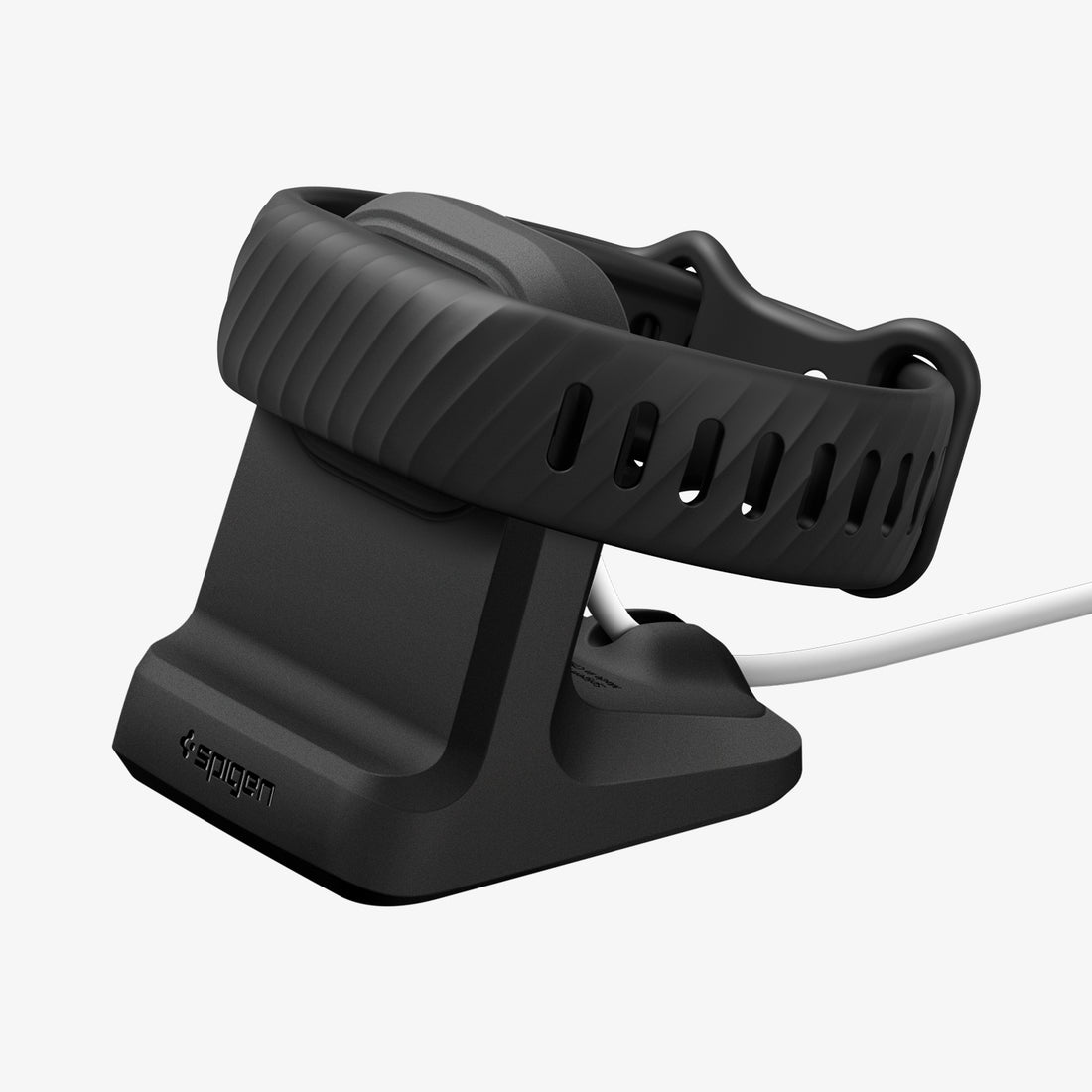 AMP11999 - Fitbit Air Night Stand | S356 in Black showing an angled view of the charging stand holding a fitness band with the charging cable visible
