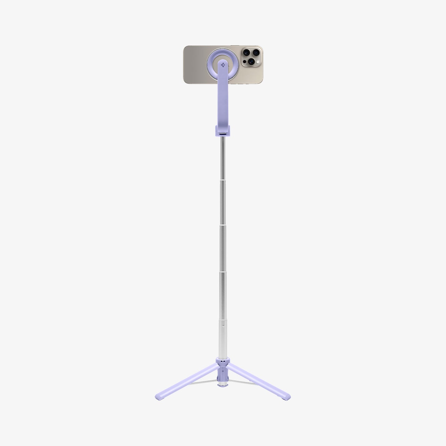 AMP07658 - Tripod Selfie Stick (Mag Fit) | S571W in Lavender showing the front of the device, attached to a selfie stick, extended with a stand