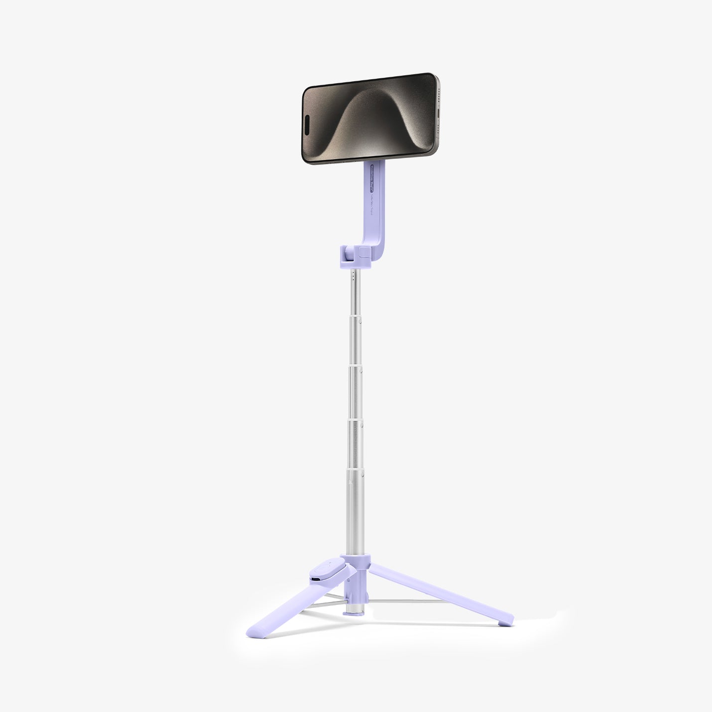 AMP07658 - Tripod Selfie Stick (Mag Fit) | S571W in Lavender showing the front of the device attached to the tripod selfie stick extended with a stand