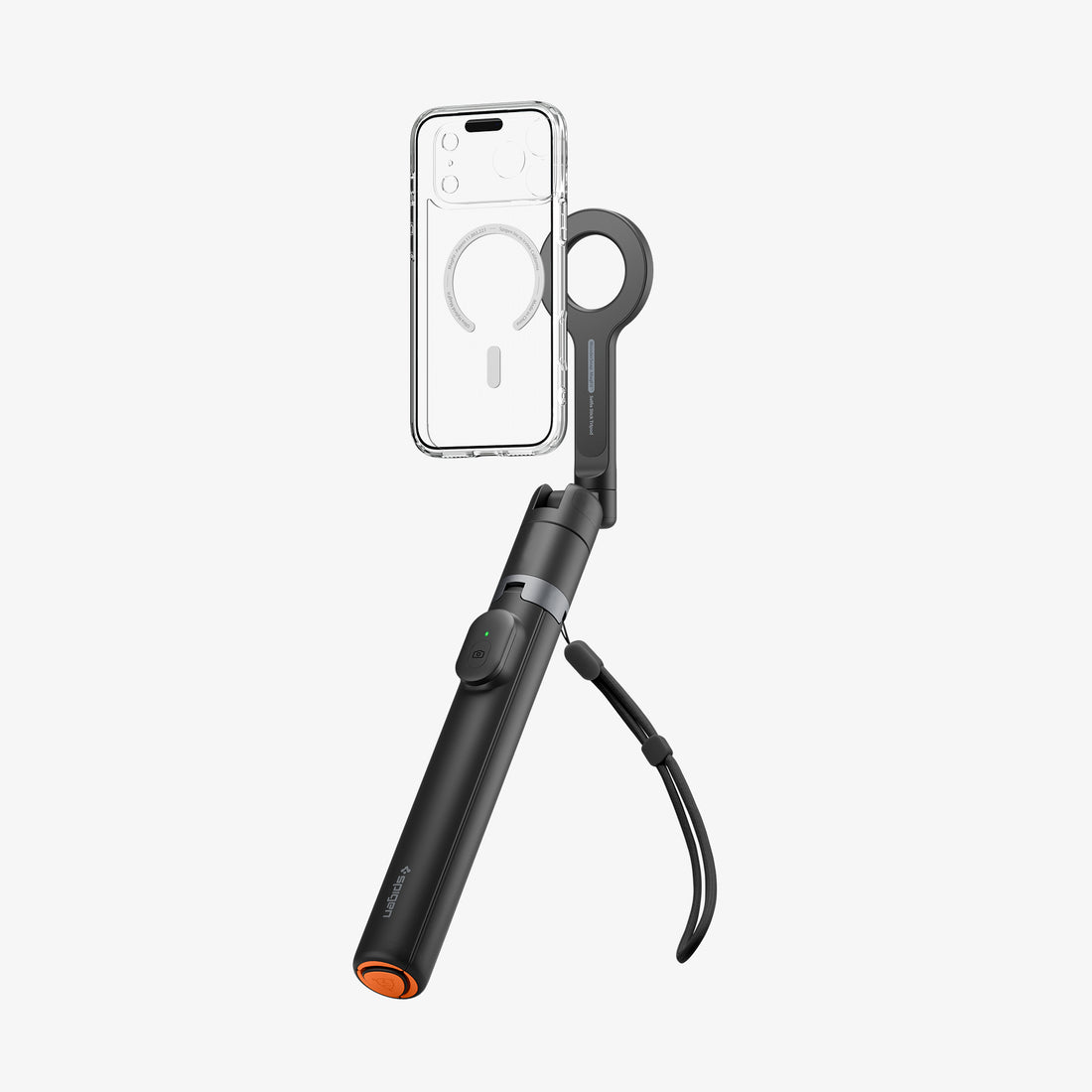 AMP11372 - Selfie Stick | S582W in Black showing a compact handheld design with magnetic phone mount, control button, and attached wrist strap.