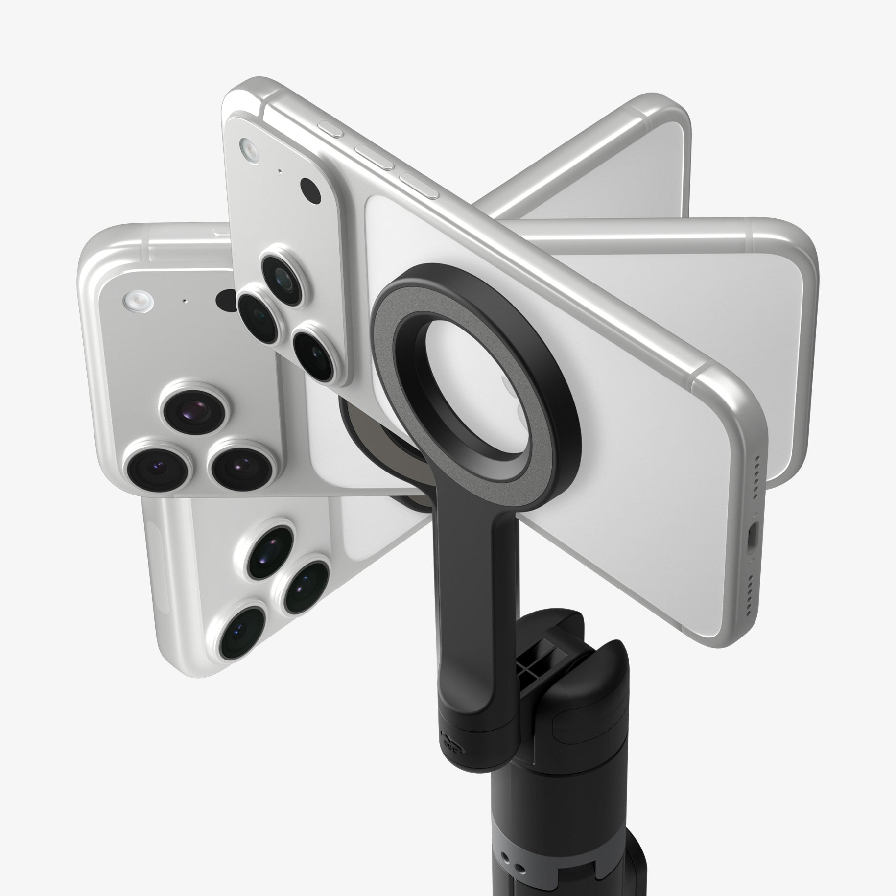 AMP11372 - Selfie Stick | S582W in Black showing a magnetic ring mount compatible with multiple smartphones for secure attachment and flexible positioning.