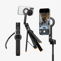 AMP11372 - Selfie Stick | S582W in Black showing multiple configurations including handheld, tripod, and extended modes with a mounted smartphone for versatile shooting.