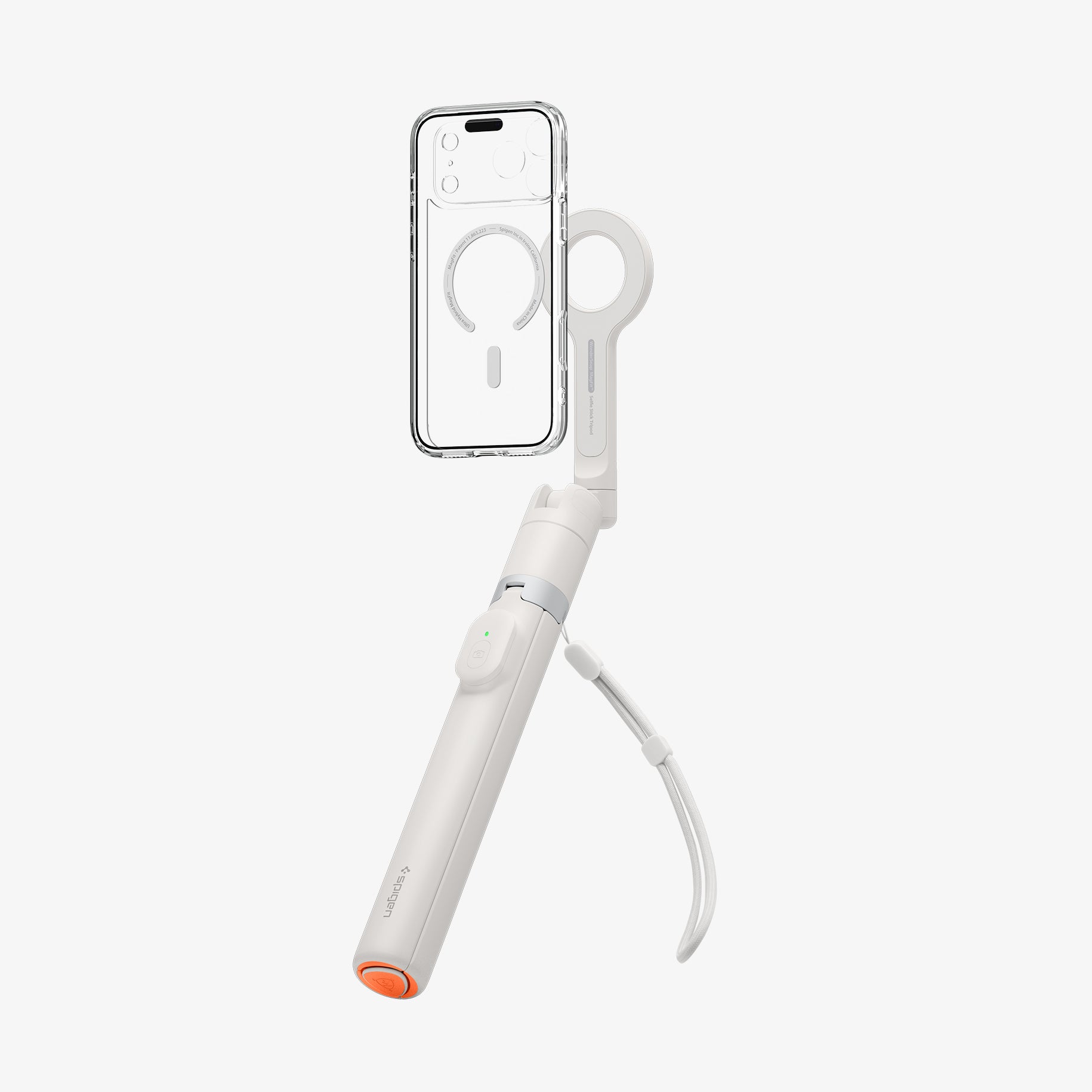 AMP11373 - Selfie Stick | S582W in Dune Beige showing a mounted smartphone on a magnetic holder with an extended handle, built-in tripod legs, and detachable remote control.