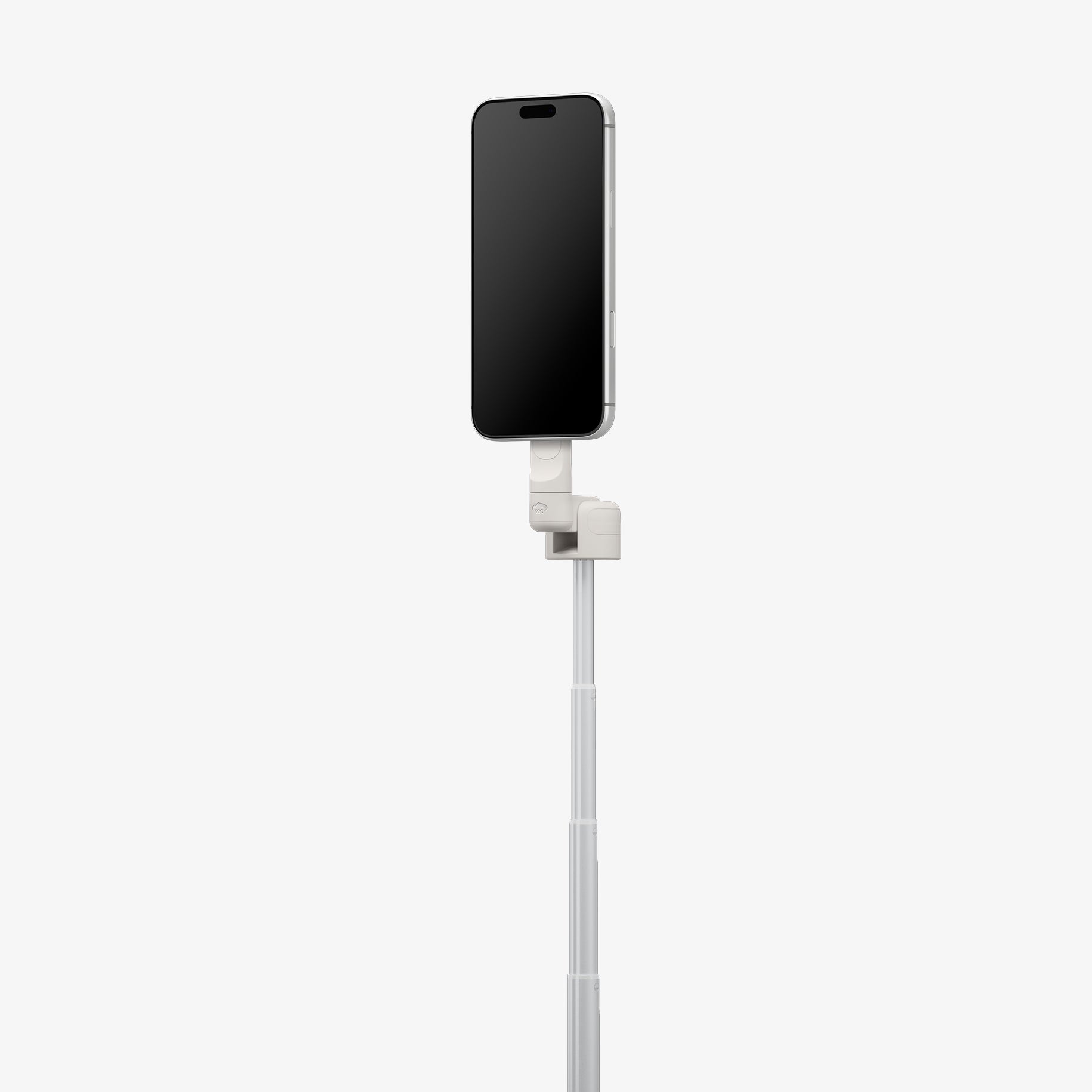 AMP11373 - Selfie Stick | S582W in Dune Beige showing a smartphone mounted vertically on an extended telescopic pole with an adjustable hinge for flexible angle positioning.